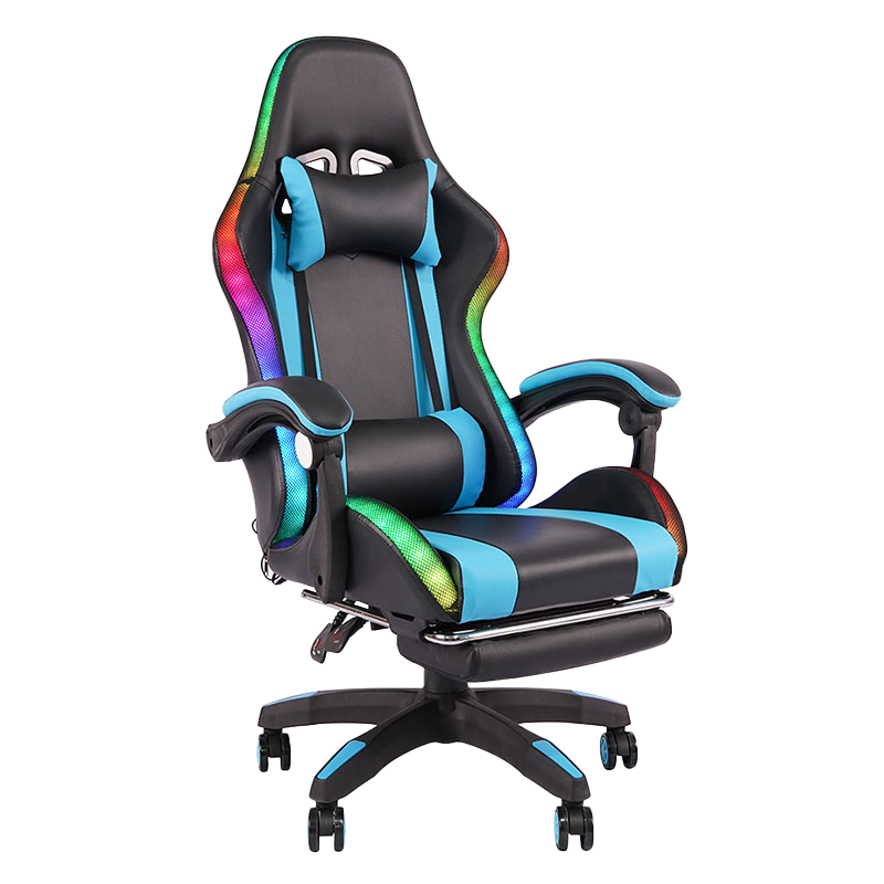 Blauer professioneller drehbarer RGB-Gamer-Gaming-Stuhl mit verstellbarer Armlehne und Fußstütze (Y-2442)