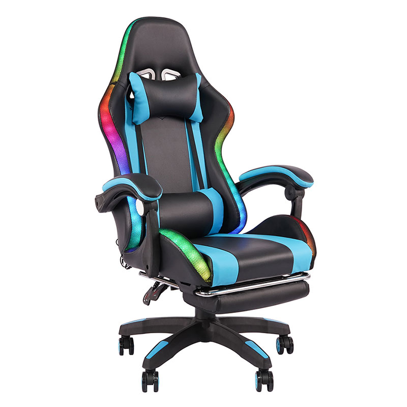 Blauer professioneller drehbarer RGB-Gamer-Gaming-Stuhl mit verstellbarer Armlehne und Fußstütze (Y-2442)