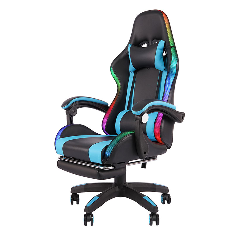 Blauer professioneller drehbarer RGB-Gamer-Gaming-Stuhl mit verstellbarer Armlehne und Fußstütze (Y-2442)