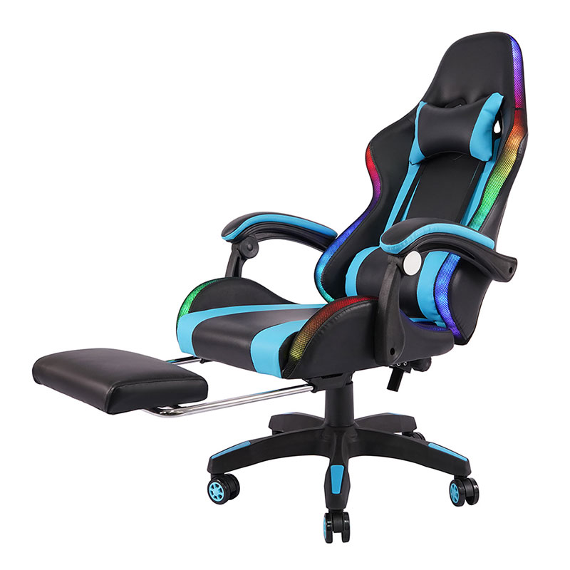 Blauer professioneller drehbarer RGB-Gamer-Gaming-Stuhl mit verstellbarer Armlehne und Fußstütze (Y-2442)