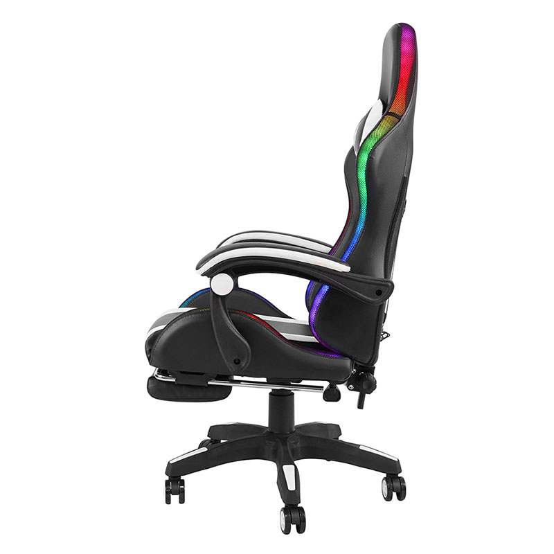 Weißer professioneller drehbarer RGB-Gamer-Gaming-Stuhl mit verstellbarer Armlehne und Fußstütze (Y-2442)