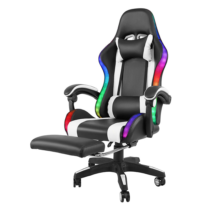 Weißer professioneller drehbarer RGB-Gamer-Gaming-Stuhl mit verstellbarer Armlehne und Fußstütze (Y-2442)