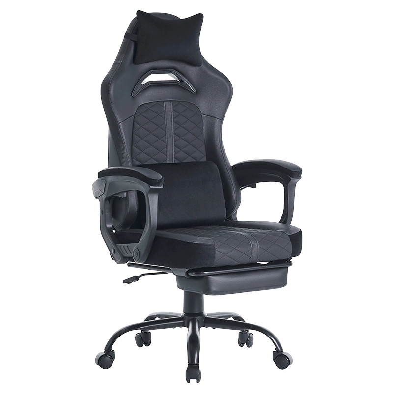 Schwarzer verstellbarer Leder-Ergonomischer Computer-Chaise-Gaming-Gaming-Stuhl mit Lendenwirbelstütze und Fußstütze (T-7138)